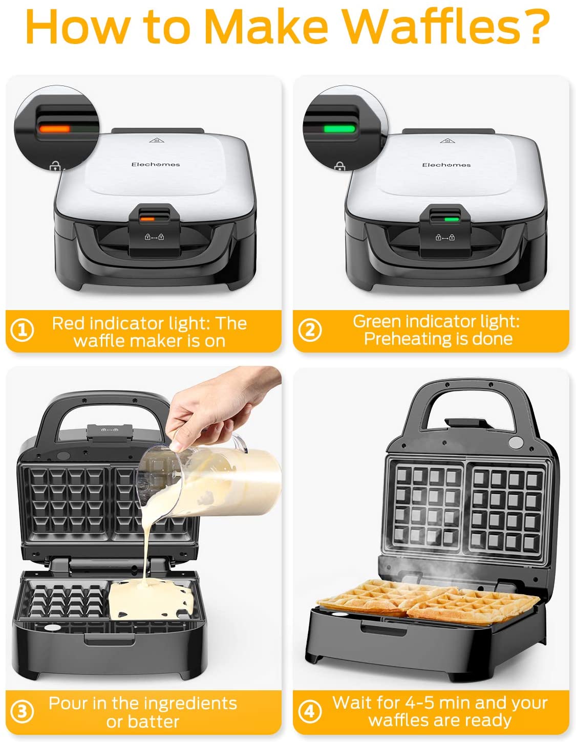 Elechomes Belgian Waffle Maker with Removable Plates