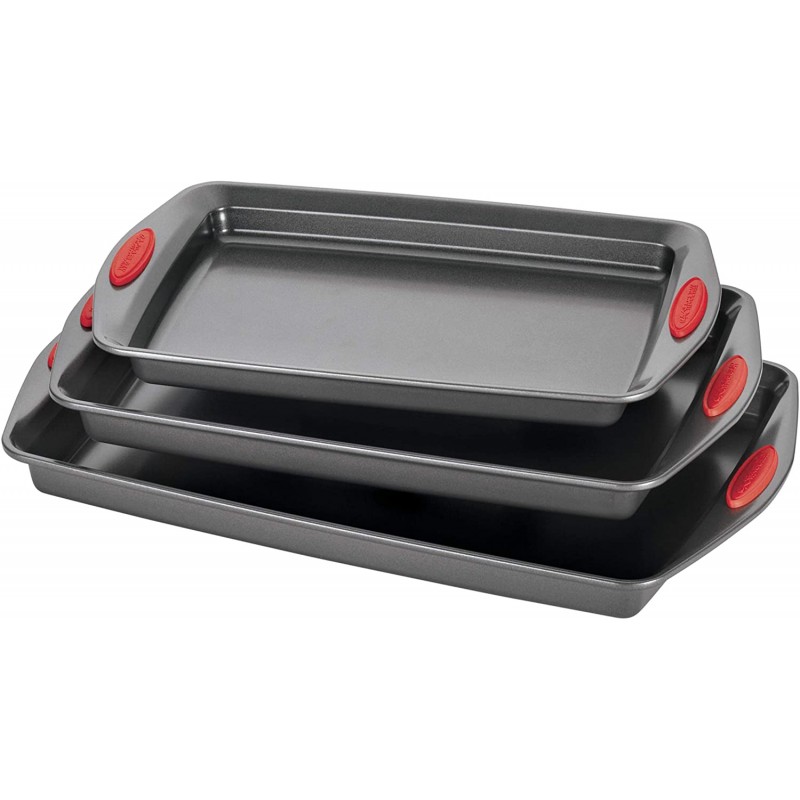 Rachael Ray Bakeware 논스틱 쿠키 팬 세트, 3종, 회색 및 빨간색 그립: 가정 및 주방