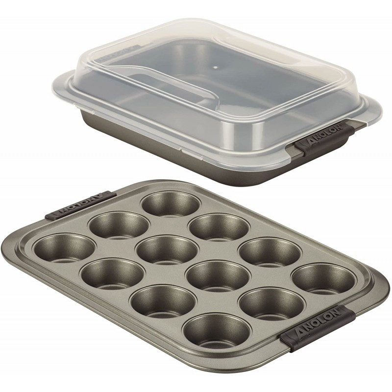 Anolon Advanced Nonstick Bakeware Set 포함 Nonstick 베이킹 팬, 뚜껑 포함 - 3개, 회색: 가정 및 주방