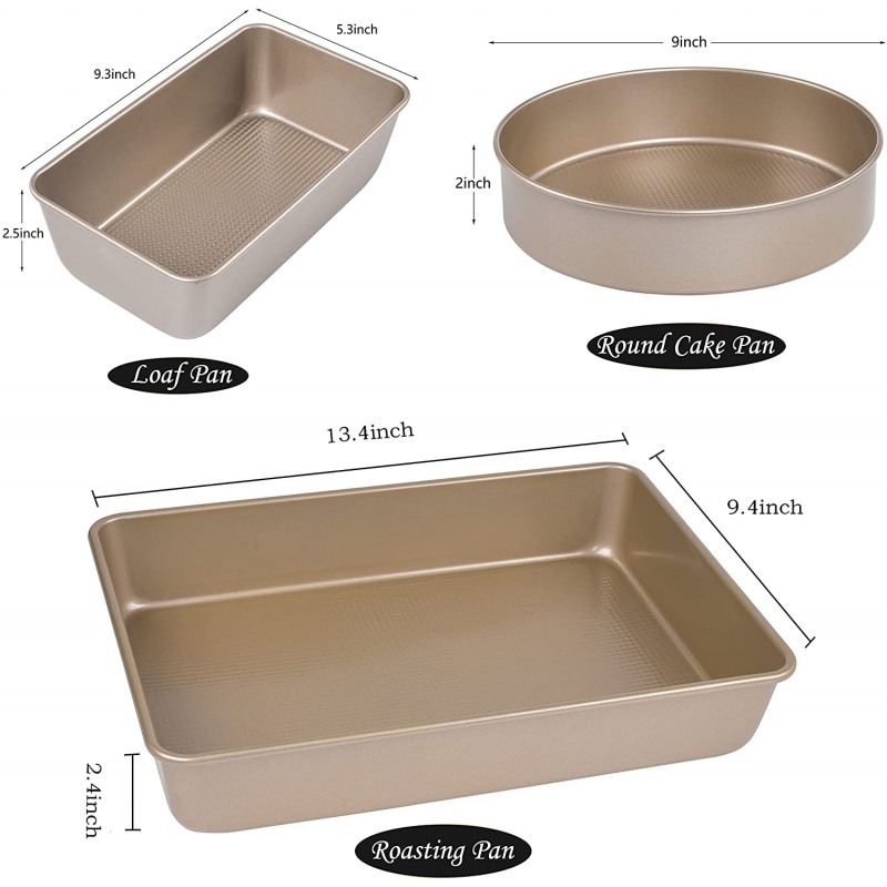 kitCom Nonstick Bakeware Sets Textured 6-Piece with Loaf Pan, Cookie Sheet Set, Round Cake Pan, Roasting Pan, Heavy Duty Carbon Steel Premium Baking Pan, Champagne Gold: Home & Kitchen