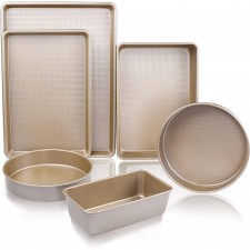 kitCom Nonstick Bakeware Sets Textured 6-Piece with Loaf Pan, Cookie Sheet Set, Round Cake Pan, Roasting Pan, Heavy Duty Carbon Steel Premium Baking Pan, Champagne Gold: Home & Kitchen