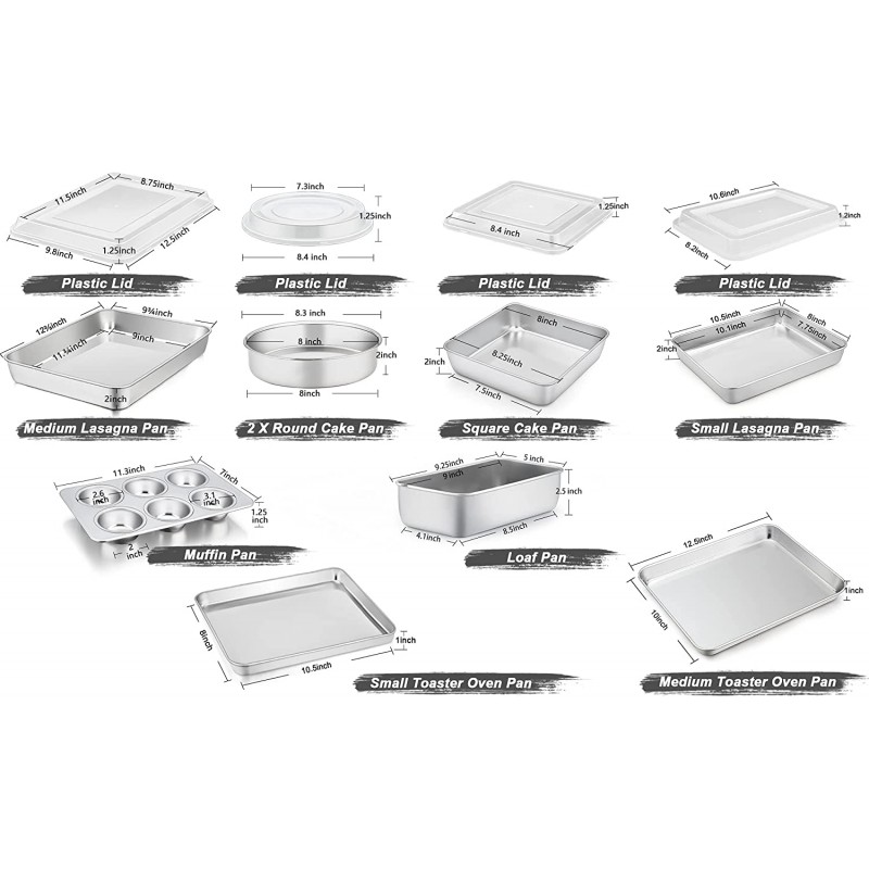 TeaTeamFar 스테인리스 스틸 제빵기구 세트, 뚜껑이 있는 13개 금속 베이킹 로스팅 팬, 직사각형/사각형/원형/라자냐/덩어리/머핀 케이크 팬, 무독성 및 내구성, 부드럽고 식기세척기 안전: 가정 및 주방