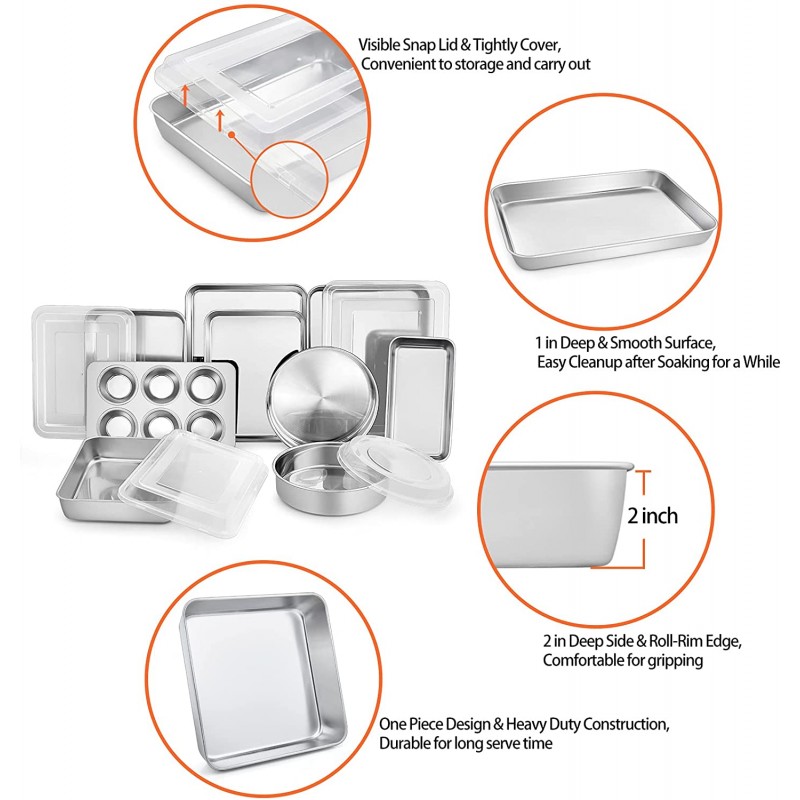 TeaTeamFar 스테인리스 스틸 제빵기구 세트, 뚜껑이 있는 13개 금속 베이킹 로스팅 팬, 직사각형/사각형/원형/라자냐/덩어리/머핀 케이크 팬, 무독성 및 내구성, 부드럽고 식기세척기 안전: 가정 및 주방