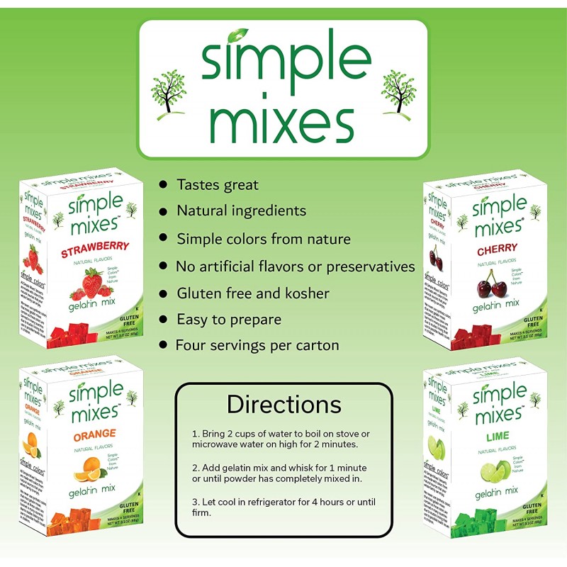 Simple Mixes 천연 젤라틴 버라이어티 팩, 각 2개: 딸기, 오렌지 및 라임, 3.1온스, 총 6팩: 식료품 및 미식가 식품
