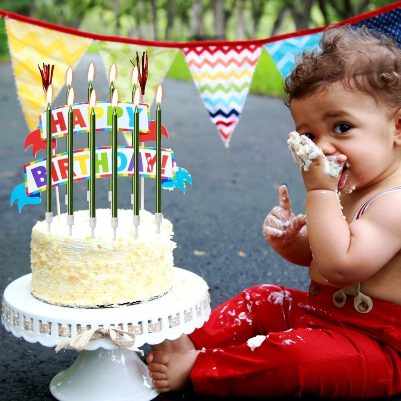 LUTER 메탈릭 생일 양초 홀더 그린 키가 큰 생일 케이크 양초 생일 웨딩 파티 장식을위한 긴 얇은 컵케익 양초 (24 개) : 홈 & 주방