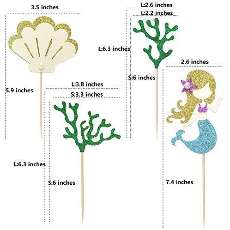 해초와 인어가있는 반짝이 인어 테마 생일 케이크 토퍼, 소녀를위한 케이크 컵케익 토퍼 인어 테마 생일 케이크 파티 장식. (흰색) : 식료품 및 미식가