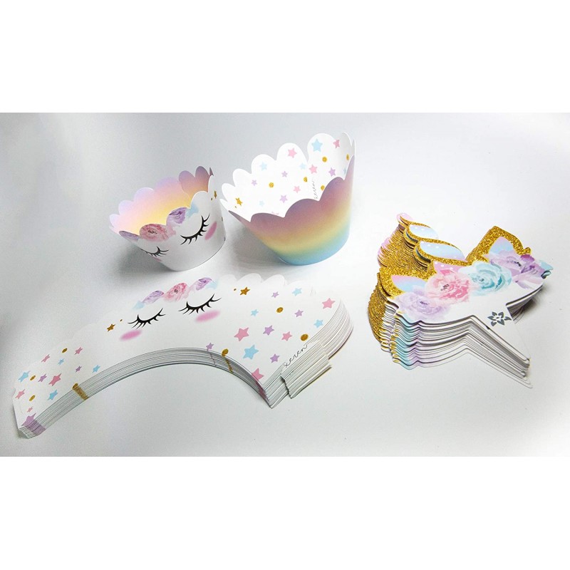 유니콘 컵케이크 장식, 양면 토퍼 및 포장지, 무지개 및 금색 반짝이 장식, 귀여운 소녀의 생일 파티 용품, 24개 세트 -- By Xeren Designs : 식료품 및 미식가 식품