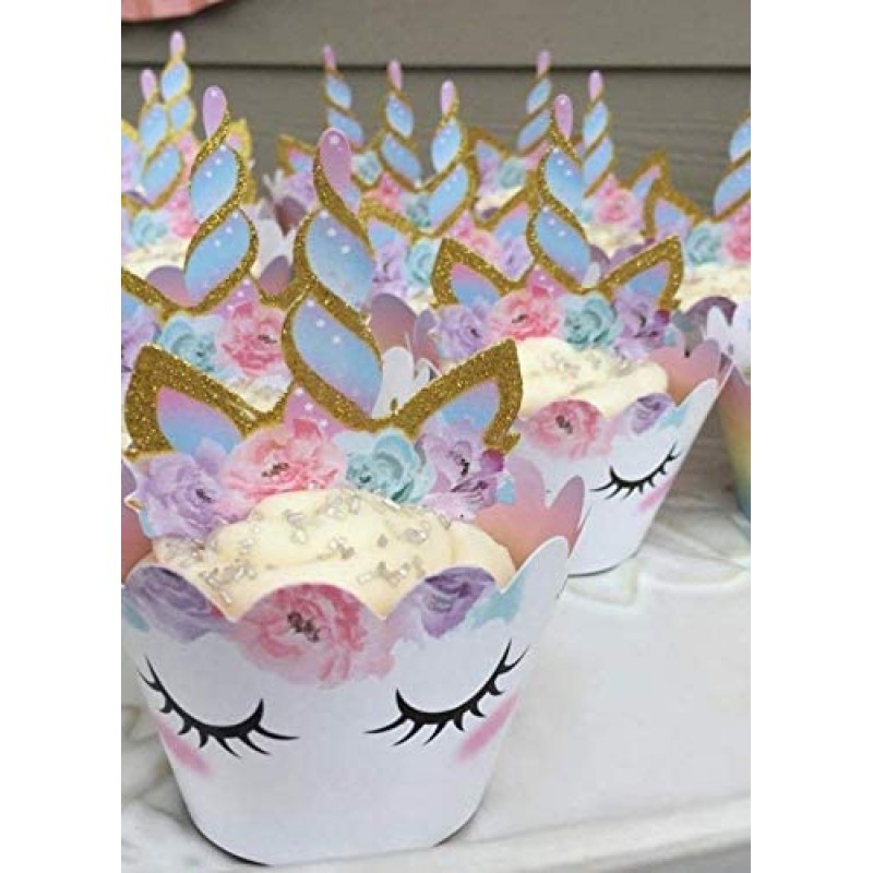 유니콘 컵케이크 장식, 양면 토퍼 및 포장지, 무지개 및 금색 반짝이 장식, 귀여운 소녀의 생일 파티 용품, 24개 세트 -- By Xeren Designs : 식료품 및 미식가 식품
