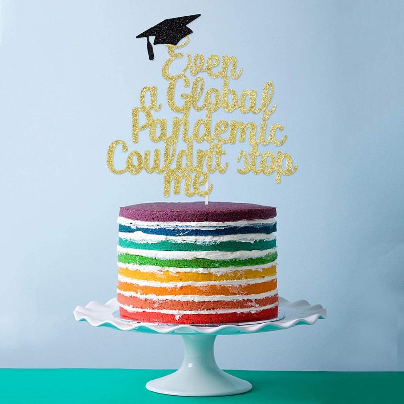 2021 졸업 케이크 토퍼, 글로벌 팬데믹에도 막을 수 없는 골드 반짝이 졸업 케이크 토퍼 장식, 축하합니다 대학원 파티 케이크 장식 용품 : 식료품 및 미식가 식품