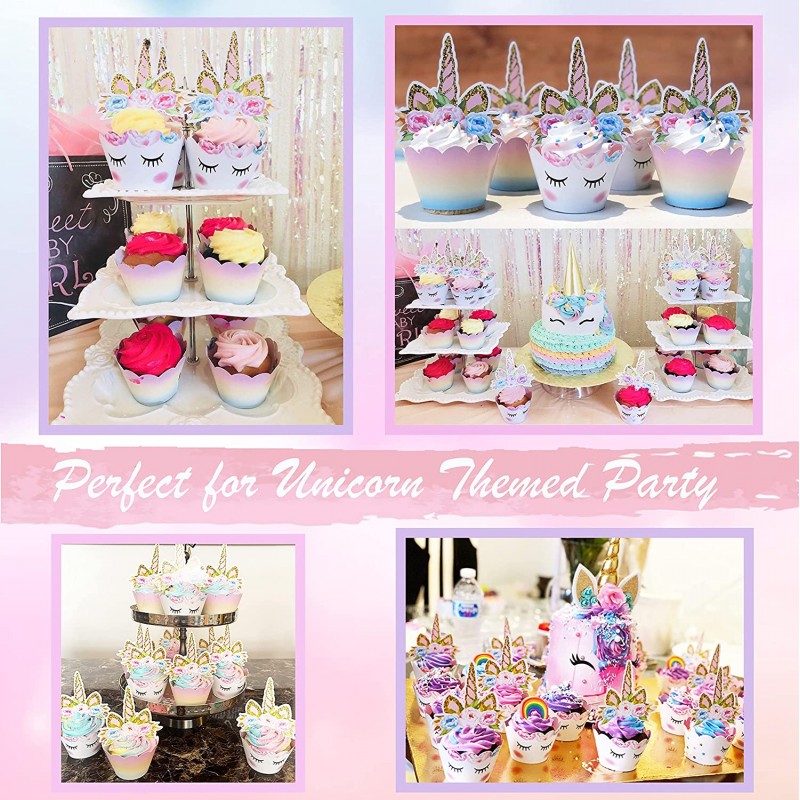 유니콘 컵케이크 토퍼 및 래퍼 장식(각 30개) - 유니콘 토퍼가 있는 뒤집을 수 있는 레인보우 컵 케이크 라이너 | 소녀의 생일 파티를 위한 귀여운 장식 용품 : 식료품 및 미식가 식품