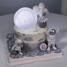 문 스페이스 생일 케이크 토퍼, 어린이를 위한 3D 우주 월 케이크 토퍼, LED 문 플래닛 생일 케이크 장식 : 식료품 및 미식가 식품
