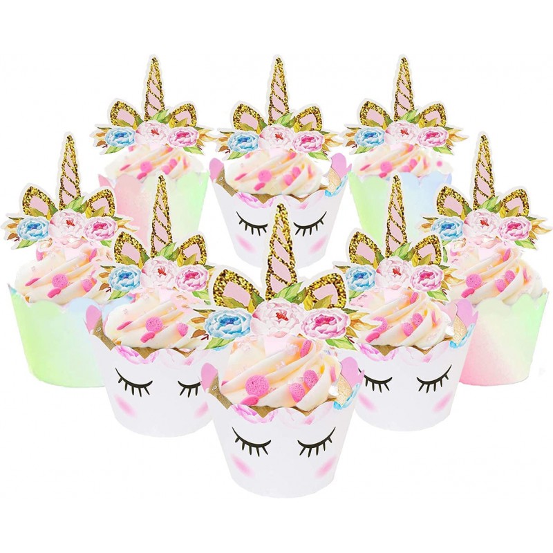 유니콘 컵케이크 토퍼 및 래퍼 장식(각 40개) - 유니콘 토퍼가 있는 뒤집을 수 있는 레인보우 컵 케이크 라이너 | 소녀의 생일 파티를 위한 귀여운 장식 용품 : 식료품 및 미식가 식품