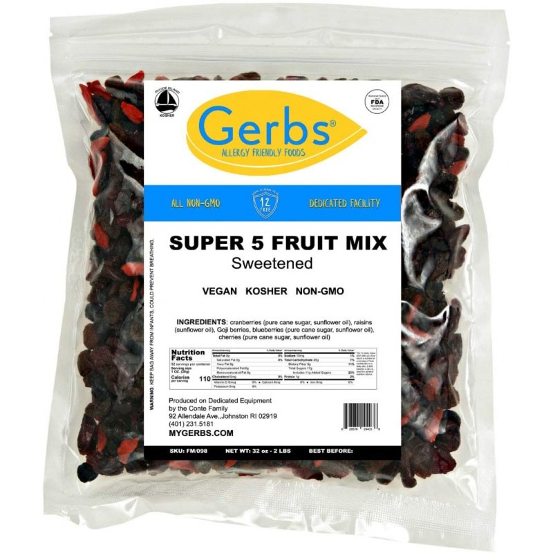 GERBS Super 5 말린 과일 믹스, 32oz, 무황, 방부제 없음, 상위 14개 식품 알레르기 없음 : 식료품 및 미식가 식품