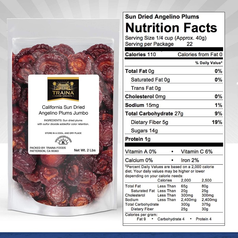 Traina 가정에서 재배한 점보 캘리포니아 태양 건조 안젤리노 자두 반쪽 - 건강식, 무설탕, 쫄깃함, 톡 쏘는 맛, 딥 바이올렛 색상, 비 GMO, 글루텐 프리, 코셔 인증, 비건, 재밀봉 가능한 파우치에 포장(2lbs) : 식료품 및 미식가 식품