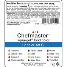 Chefmaster - Liqua-Gel 식용 색소 - 12색 세트 C - 변색 방지 식용 색소 - 12팩 - 생동감 있고 눈길을 사로잡는 색상, 혼합하기 쉬운 공식, 변색 방지 - Made in USA : 식료품 및 미식가 식품