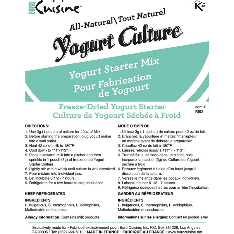 Euro Cuisine RI1020 All Natural Yogurt Culture / Starter - (10 - 3gr Packet) : Grocery & Gourmet Food