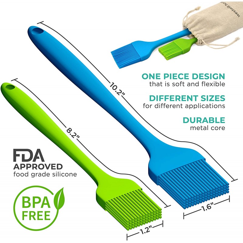 실리콘 브러시 - 4개의 시스팅 브러시, 페이스트리 브러시, 요리 브러시, 팬용 버터 및 오일 브러시, 베이킹용 계란 세척, 바베큐 소스, 마리네이드, 고기, 그릴 브러시 세트 - 식기세척기 사용 가능: 가정 및 주방