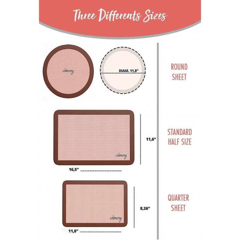 실리콘 베이킹 매트 논스틱 하프, 쿼터 및 라운드 실리콘 베이킹 매트 3종 세트 - 오븐용 BPA 무함유 및 내열성 실리콘 매트 - 쿠키 베이킹용 재사용 가능한 실리콘 매트 빵 야채 피자 : 가정 및 주방