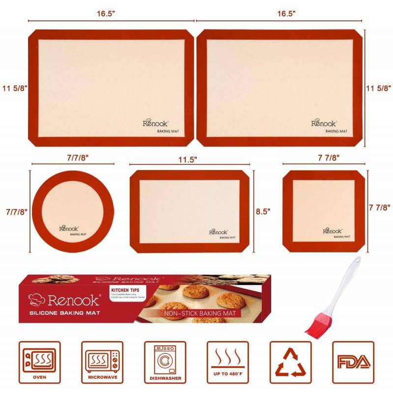 Renook 실리콘 베이킹 매트 6종 세트, BPA-Free 등급 식품 베이킹 매트, 100% 논스틱 재사용 식품 안전 라이너 및 실리콘 브러시- 마카롱, 페이스트리, 쿠키. : 가정 및 주방