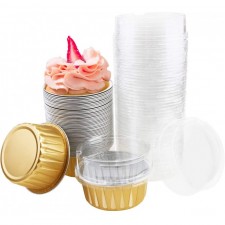 뚜껑이 있는 WYKOO 금박 컵 - 50, 125ml/5oz 머핀 라이너 베이킹 컵, 알루미늄 호일 컵, 일회용 컵케이크 홀더, 머핀, 푸딩, 아이스크림, 디저트, 플랜용 컵케이크 베이킹 컵 세트: 가정 및 주방