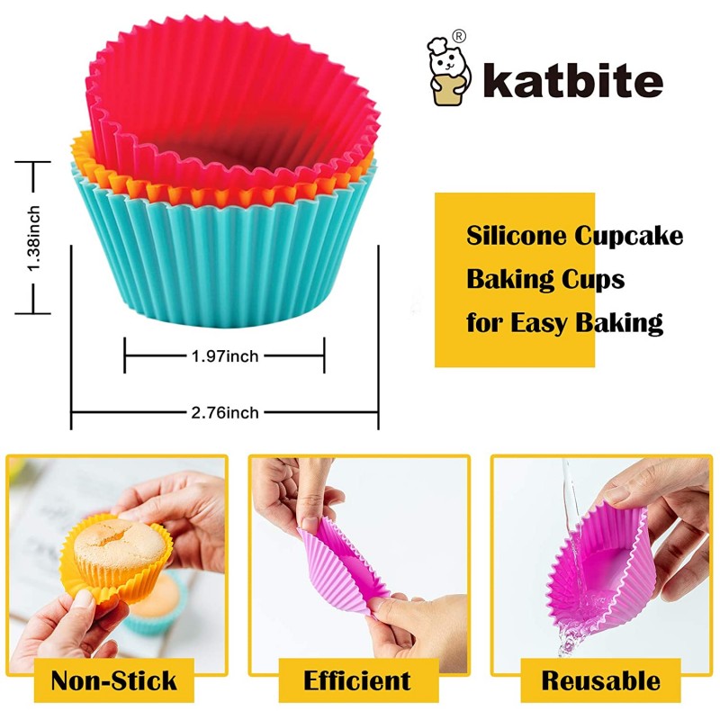 Katbite 실리콘 컵케익 베이킹 컵 24 팩, 헤비 듀티 실리콘 베이킹 컵, 재사용 및 붙지 않는 머핀 컵케익 라이너 홀더 파티 할로윈 크리스마스 베이커리 금형 용품 세트 공급: 가정 및 주방