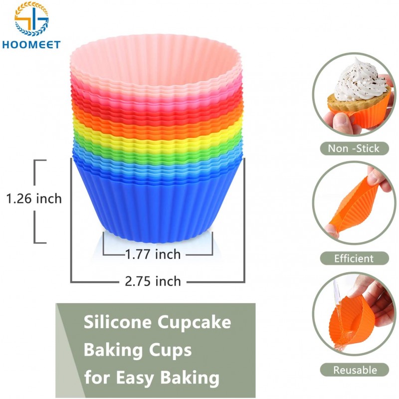 HOOMEET 24 팩 100% 식품 등급 실리콘 머핀 라이너, 붙지 않는 컵케익 베이킹 컵, 베이킹용 컵케익 라이너, 실리콘 몰드, 재사용 가능한 컵케익 라이너, 레드 블루 그린 옐로우 핑크 오렌지 색상: 가정 및 주방