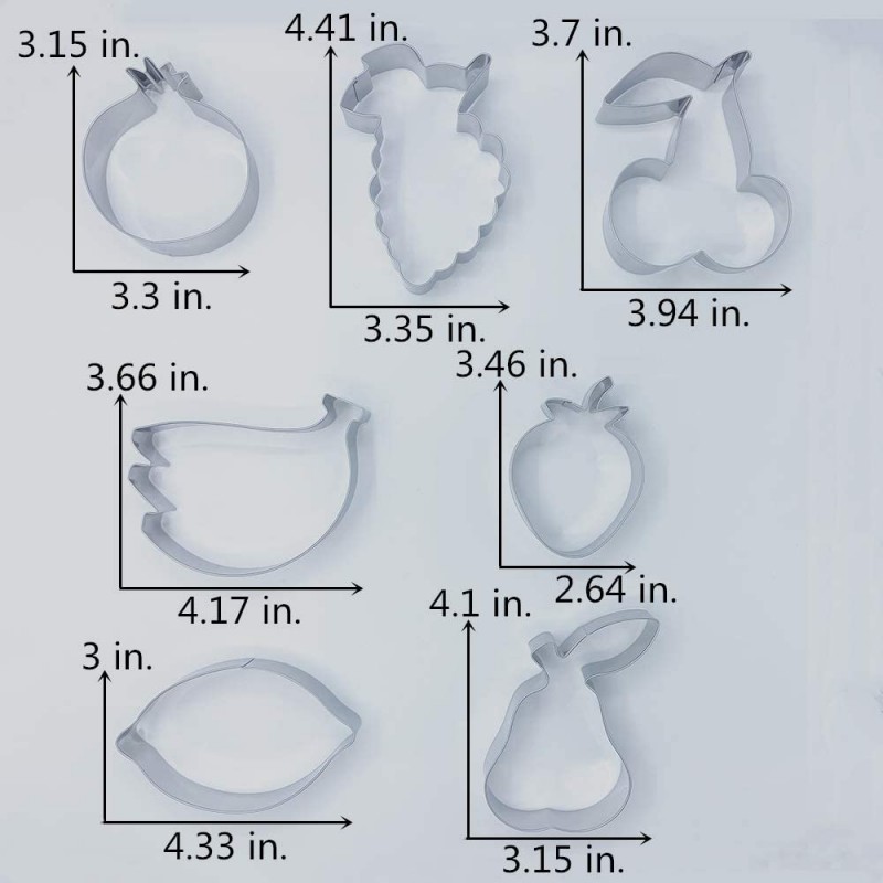 LILIAO 과일 쿠키 커터 세트 - 7개 - 딸기, 배, 레몬, 포도, 석류, 체리, 바나나 비스킷 퐁당 커터 - 스테인레스 스틸: 가정 및 주방