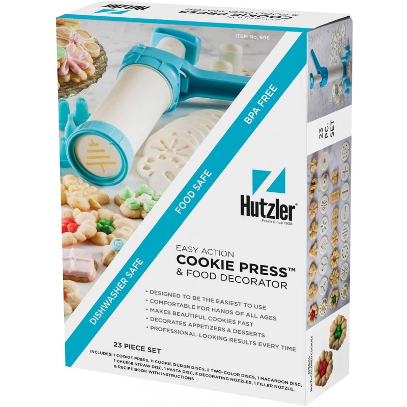 Hutzler Easy Action 쿠키 프레스 및 식품 데코레이터, 프리 사이즈, 화이트/터키석: 식품 디스펜서: 가정 및 주방