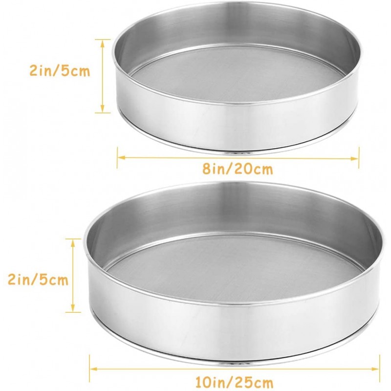 베이킹용 2 팩 밀가루 체(8인치 및 10인치) 스테인레스 스틸 미세 메쉬 여과기, 케이크 빵 굽기용 60 메쉬 라운드 체 스틸: 가정 및 주방