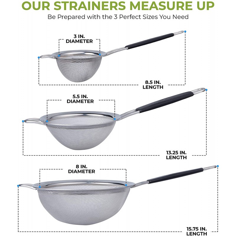 LiveFresh 식품 여과기 세트 - 편안한 미끄럼 방지 손잡이가 있는 퀴노아 등을 위해 제작된 여과기, 소쿠리 및 체의 고급 고급 스테인리스강 미세 메쉬 세트 - 3개 세트: 가정 및 주방