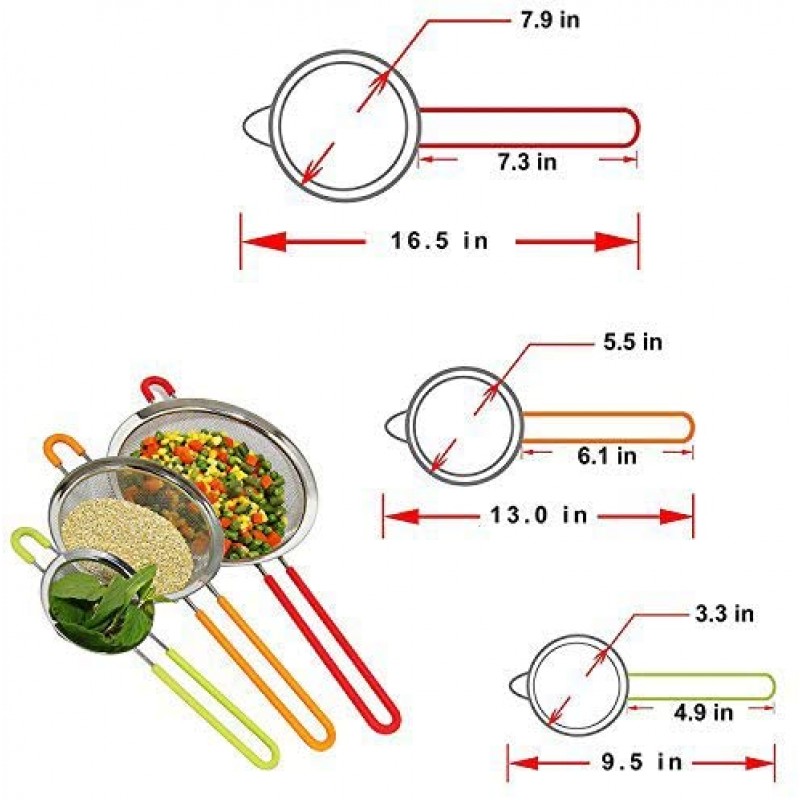 K BASIX 파인 메쉬 스트레이너 스테인리스 스틸, 미끄럼 방지 실리콘 손잡이, 대/중/소 3종 세트, 퀴노아용 철사체 체, 밀가루 및 슈가파우더, 필터, 린스 및 스트레인 파스타, 국수, 차: 가정 및 주방