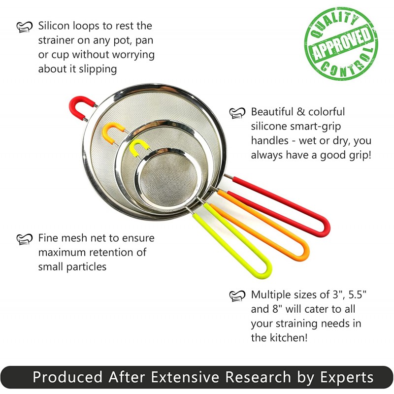 K BASIX 파인 메쉬 스트레이너 스테인리스 스틸, 미끄럼 방지 실리콘 손잡이, 대/중/소 3종 세트, 퀴노아용 철사체 체, 밀가루 및 슈가파우더, 필터, 린스 및 스트레인 파스타, 국수, 차: 가정 및 주방