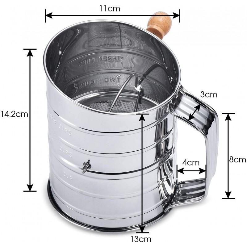 MaMix 스테인레스 스틸 밀가루 체 핸드 크랭크 2 와이어 교반기가있는 3 컵 체: 가정 및 주방