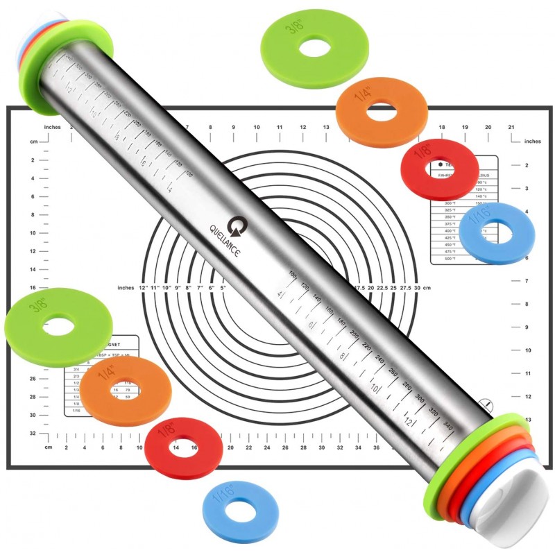 롤링 핀 및 패스트리 베이킹 매트 세트, 두께 조절이 가능한 롤링 핀, 퐁당, 피자, 파이, 페이스트리, 파스타, 쿠키(블랙 매트) 베이킹용 스테인리스 스틸 도우 롤러: 가정 및 주방