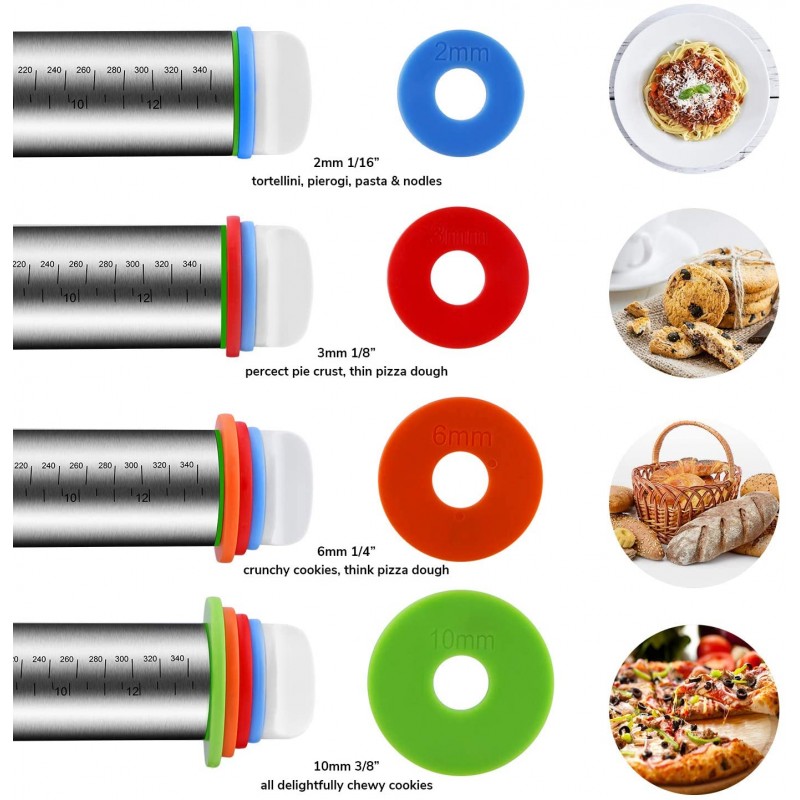 롤링 핀 및 패스트리 베이킹 매트 세트, 두께 조절이 가능한 롤링 핀, 퐁당, 피자, 파이, 페이스트리, 파스타, 쿠키(블랙 매트) 베이킹용 스테인리스 스틸 도우 롤러: 가정 및 주방