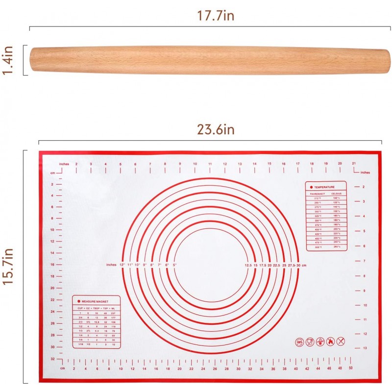 롤링 핀, 실리콘 베이킹 매트가 있는 QUELLANCE 목재 프렌치 롤러 핀, 베이킹 반죽, 피자, 파이, 페이스트리, 파스타 및 쿠키용 너도밤나무 반죽 롤러: 가정 및 주방