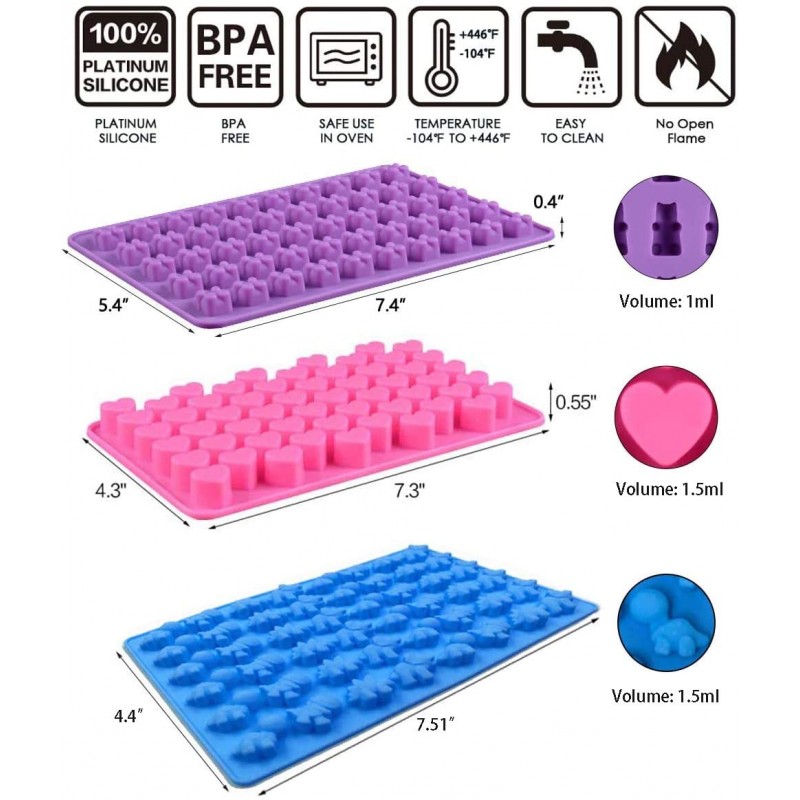 3 팩 실리콘 초콜릿 몰드, 재사용 가능한 캔디 베이킹 몰드 아이스 큐브 트레이 캔디 2 드로퍼, 미니 공룡, 하트, 곰 모양을 포함한 비 점착성 실리콘 젤리 몰드 : 가정 및 주방