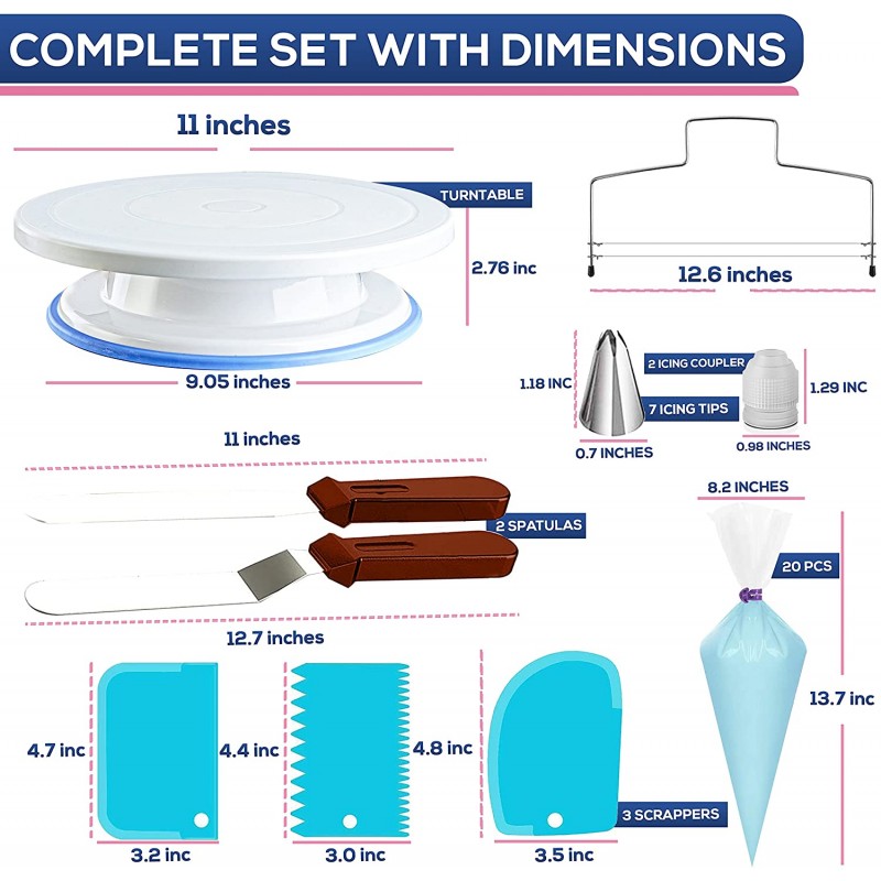 RFFAQK 35PCs 케이크 턴테이블 및 미끄럼 방지 패드가 있는 수평기 회전 케이크 스탠드-7 아이싱 팁 및 20 백-스트레이트 및 오프셋 주걱-3 스크레이퍼 세트-전자책-케이크 장식 용품 키트-제빵 도구: 가정 및 주방