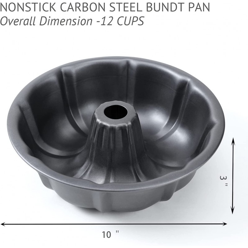 KITESSENSU 9인치 논스틱 번트 팬, 베이킹용 12컵 프리미엄 플루트 케이크 팬, 헤비 듀티 탄소강 튜브 팬 베이킹 금형: 가정 및 주방