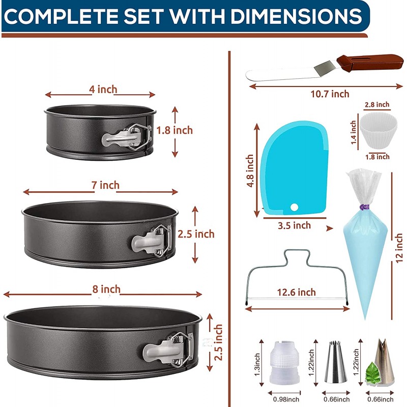 RFAQK 100pcs 케이크 팬 세트 베이킹 + 케이크 장식 용품: 3개의 원형 논스틱 스프링폼 팬 세트(4, 7, 8인치), 아이싱 팁, 케이크 레벨러 - 다기능 누출 방지 치즈 케이크 팬 및 전자책: 가정 및 주방