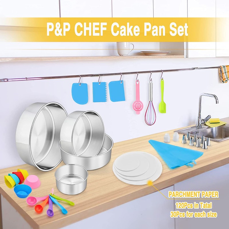 153Pcs 케이크 베이킹 팬 세트 장식 용품 키트, P&P CHEF 스테인리스 스틸 4/6/8/9.5 인치 케이크 팬(아이싱 팁 포함) 도구, 양피지, 털, 계란 분리기, 머핀 컵, 계량 스푼: 기타 모든 것