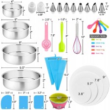 153Pcs 케이크 베이킹 팬 세트 장식 용품 키트, P&P CHEF 스테인리스 스틸 4/6/8/9.5 인치 케이크 팬(아이싱 팁 포함) 도구, 양피지, 털, 계란 분리기, 머핀 컵, 계량 스푼: 기타 모든 것