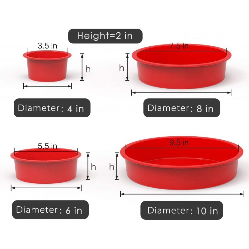 원형 케이크 팬 - 4개 세트 - 레이어 케이크, 치즈 케이크, 레인보우 케이크 및 초콜릿 케이크용 베이킹, 논스틱 ​​및 퀵 릴리스 베이킹 팬 - 3.5+5.5+7.5+9.5 인치: 가정 및 주방용 SILIVO 실리콘 몰드