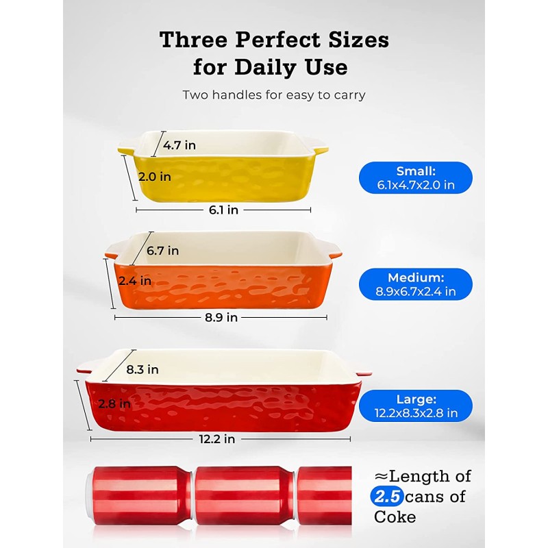 오븐용 3Pack 세라믹 베이킹 접시 손잡이가 있는 대형 캐서롤 베이킹 접시 요리, 케이크, 라자냐 및 선물용 Nonstick 세라믹 Bakeware 업그레이드, 빨강: 가정 및 주방