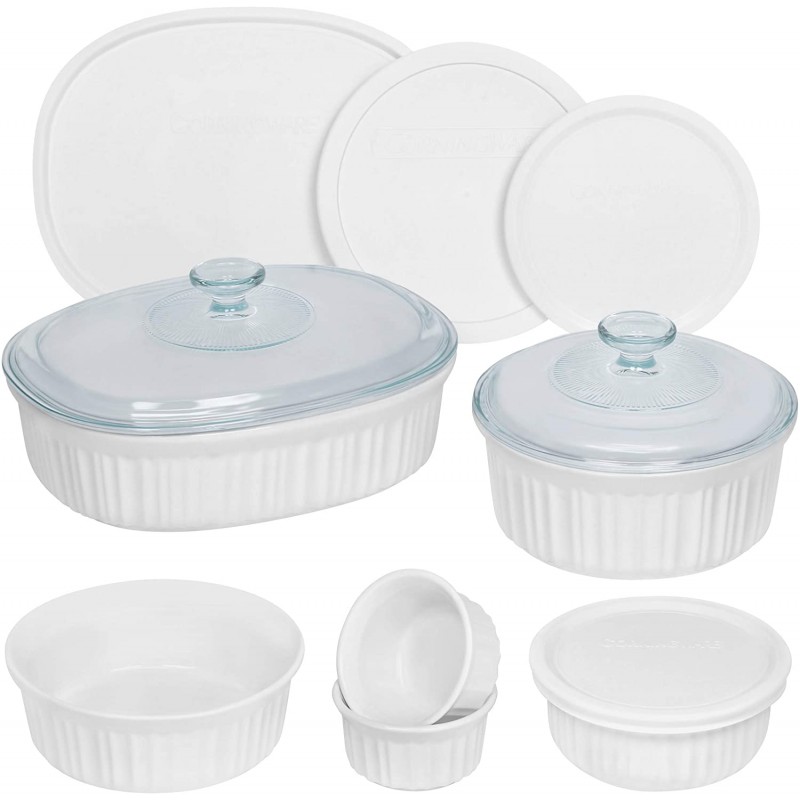 CorningWare 프렌치 화이트 원형 및 타원형 세라믹 제빵기구, 12개: 가정 및 주방