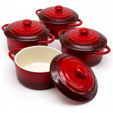 12oz Mini Cocotte, by Kook, 캐서롤 접시, 세라믹 메이크, 들어 올리기 쉬운 뚜껑, 크림슨 레드, 4개 세트: 가정 및 주방