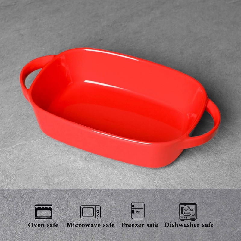 LEETOYI Porcelain Bakeware Set 2 Size, 이중 손잡이가 있는 직사각형 베이킹 접시, 주방용 도자기 베이킹 팬, 요리, 케이크 저녁 식사, 1인 또는 2인분 8.7-인치/7.5-인치(빨간색): 가정 및 주방