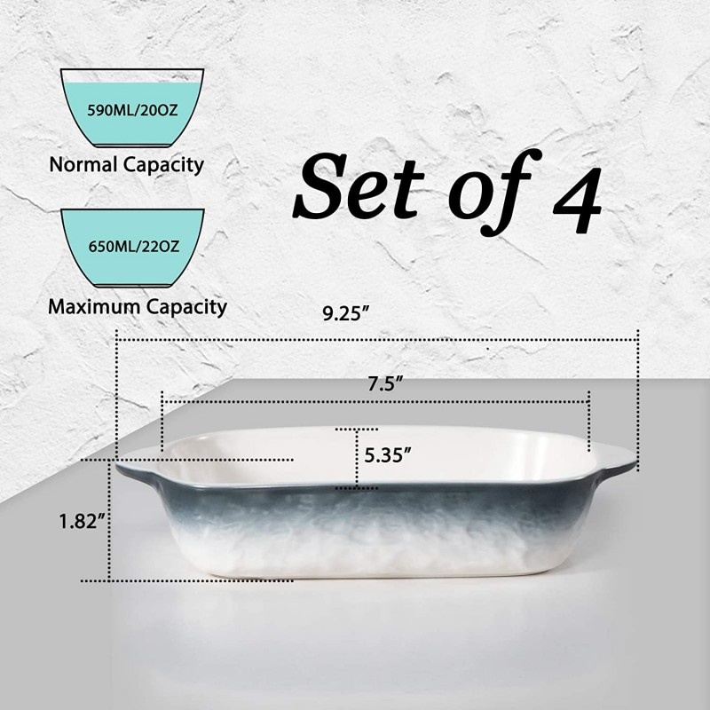 Hoxierence 20oz 소형 세라믹 베이킹 접시, 이중 손잡이가 있는 7.5L x 5.4W 인치 스톤 양각 패턴 베이킹 기구, 라자냐용 개별 직사각형 베이커, 캐서롤 - 4개 세트(회색): 가정 및 주방