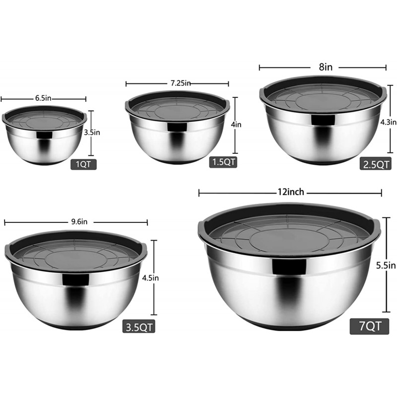 TeamFar 믹싱볼(뚜껑 포함), 7 / 3.5 / 2.5 / 1.5/ 1 QT, 스테인리스 스틸 대형 금속 샐러드 네스팅 볼, 미끄럼 방지 실리콘 바닥 및 밀폐형 뚜껑, Healthy & Deep - 5종 세트(블랙) : 기타