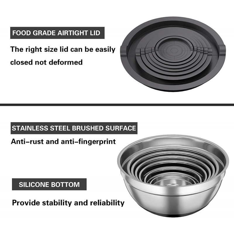 밀폐 뚜껑이 있는 믹싱 볼, 20피스 스테인리스 스틸 금속 중첩 볼, AIKKIL 미끄럼 방지 실리콘 바닥, 크기 7, 3.5, 2.5, 2.0,1.5, 1,0.67QT 믹싱, 베이킹, 서빙(회색)에 적합: 가정 및 주방